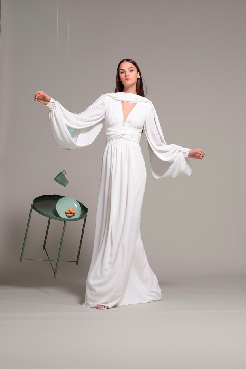 Long Draped Sleeve Evening Gown ...